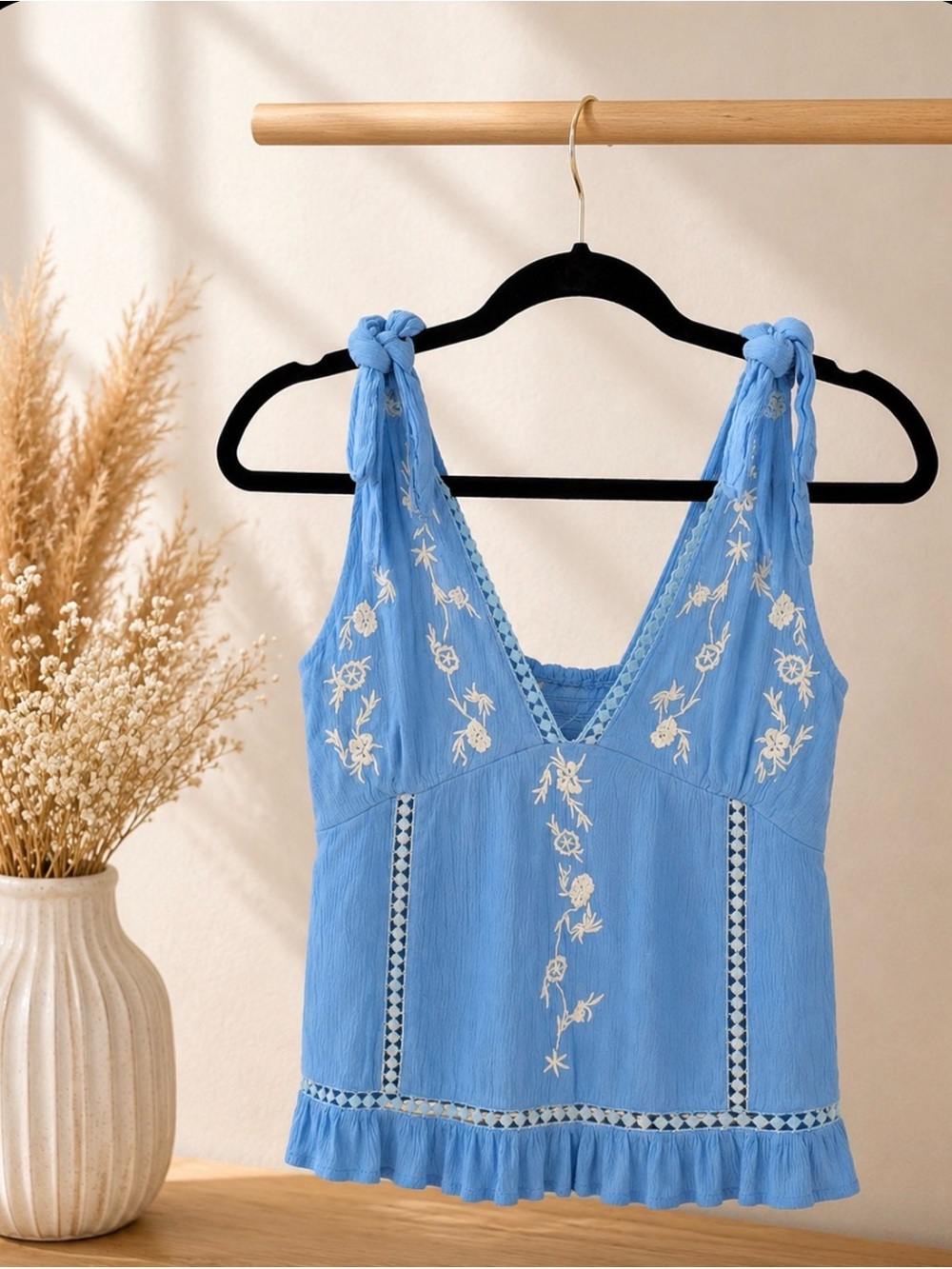 Sim & Sam Blue Embroidered Tank Top Size S | Boho Tie Strap Blouse